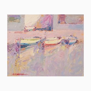 Post Impressionist Fishing Boats, 20th-Century, Oil on Board, Framed