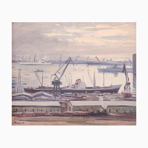 Jose Pomes Abella, Porto di Barcellona, 1975, olio su tela, con cornice