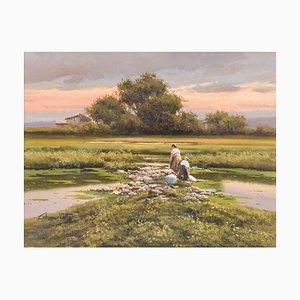 Joan Colomer Valls, Paysage avec des travailleurs, Fin du 20e siècle, Huile sur Toile, Encadrée