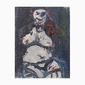 Peinture Expressionniste d'un Clown, Milieu du 20ème Siècle, Huile sur Toile, Encadrée