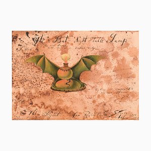 Genia Chef, The Bat Night-Table Lamp, Watercolor & Mixed Media, Framed