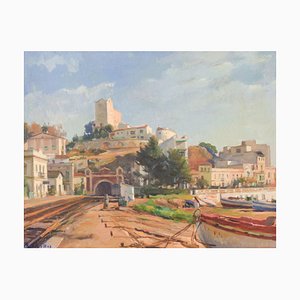 R. Illas y Illas, Paesaggio post impressionista con barche, XX secolo, Olio su tavola, con cornice