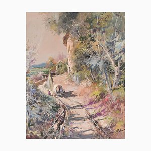 Juan de Palau Buixo, Large Landscape with Cart, 20th-Century, Watercolor on Paper, Framed