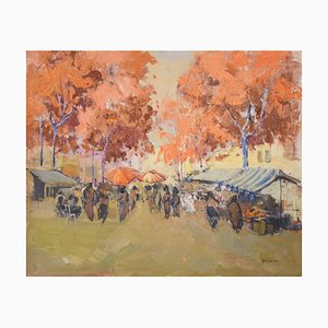 M. Casas, Autumn Market Scene, 1992, Oil on Canvas, Framed