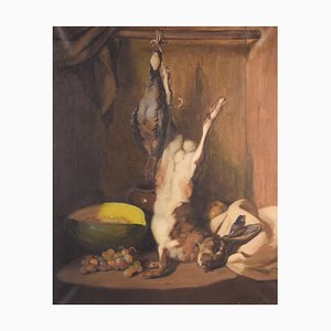 Guillermo Martinez Soliman, Nature Morte avec Lièvre et Melon, Mid 20th-Century, Huile sur Toile, Encadrée