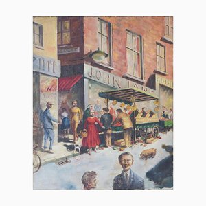 Día de mercado, escena callejera británica, óleo sobre lienzo
