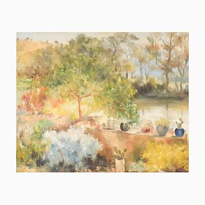 R. Saralid, Impressionist Summer Garden, 20th-Century, Oil on Canvas, Framed