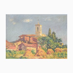 Sant Andreu De Salou, Landschaft mit Dorf in goldenem Licht, 1946, Öl auf Holz, Gerahmt