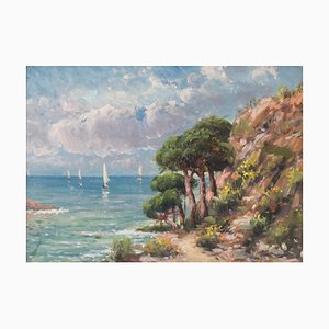 Coastal Landscape with Sailing Boats, Early 20th Century, Oil on Board, Framed