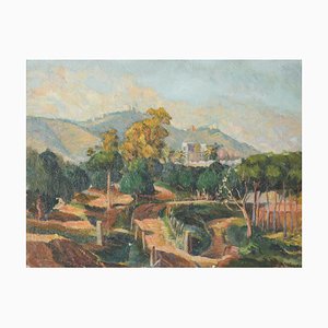 Camois, Paesaggio mediterraneo impressionista con veduta di fiume e montagne, 1945, olio su tela, con cornice