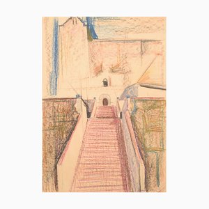 Iglesia modernista y escalera, mediados del siglo XX, crayón sobre papel