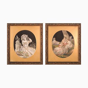 Collages victorianos en relieve, tinta y título de texto sobre papel, enmarcado, Juego de 2