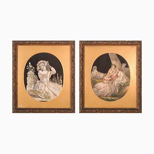 Embossed Victorian Collages, Ink & Textitle on Paper, Framed, Set of 2