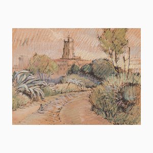 Postimpressionistische Skizze einer Kirche in einer Landschaft, 20. Jh., Pastellkreide und Bleistift auf Papier, gerahmt