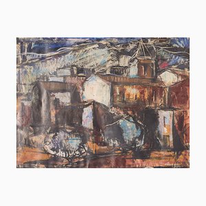 Modernist Painting of a Town, Mid 20th-Century, Mixed Media on Board, Framed