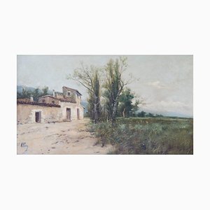 A. Piug, Paesaggio con casale e prato di fiori selvaggi, fine XIX o inizio XX secolo, Spagna