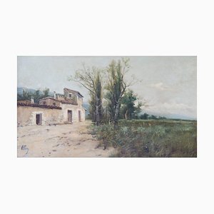 A. Piug, paisaje con granja y pradera de flores silvestres, finales del siglo XIX o principios del siglo XX, España