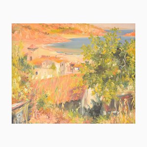 R Saralid, paisaje costero impresionista con pueblo, mediados del siglo XX, óleo sobre lienzo