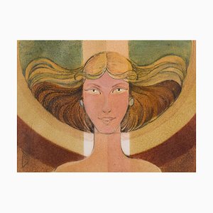 Rostro femenino abstracto, Mid-Century, Acuarela