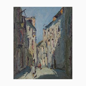 J. Mir, Scena di strada in una giornata di sole, metà XX secolo, olio su tela