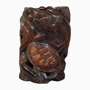 Art Nouveau Carved Brush Pot with Turtles