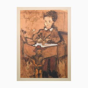 Mädchen und Puppe mit Spielzeugpferd, Mitte 20. Jh., Öl auf Papier oder Karton