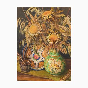 Nature Morte avec Tournesols et Pichet en Majolique, Milieu du 20ème Siècle, Huile sur Toile