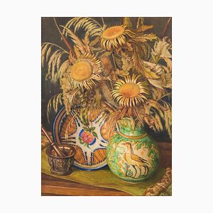 Still Life with Sunflowers and Majolica Jug, Mid-20th Century, Oil on Canvas