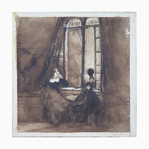 Ladies by a Window, 19th Century Drawing in India Ink