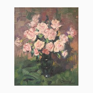Bodegón con flores rosas, mediados del siglo XX, óleo sobre lienzo