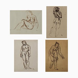 Life Drawings, Late 19th or Early 20th Century, Pencil & Ink on Paper, Set of 4