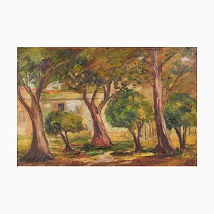 Trees and Building, Early 20th Century, Oil on Board