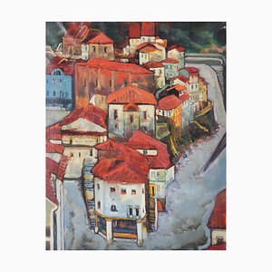 Jesús Casaus, Red Roofs in Cudillero, Espagne, 1970s, Huile sur Toile