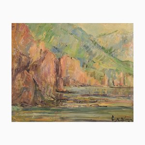 Paisaje marino impresionista con acantilados, mediados del siglo XX, óleo sobre lienzo