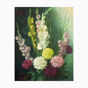 Fleurs Radiantes, Milieu du 20ème Siècle, Huile sur Toile