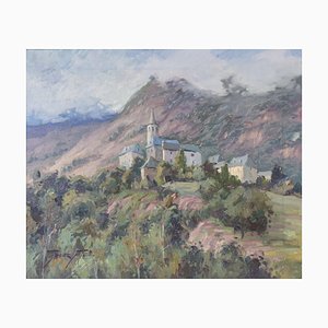 Vicente Gomez Fuste, Village et Montagnes Post-impressionnistes, Milieu du 20e Siècle, Huile sur Toile