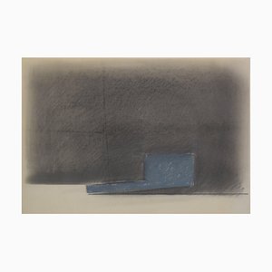 Minimalistische Landschaft in Grau und Blau, 1985, Pastell & Bleistift auf Papier
