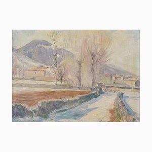Paesaggio innevato impressionista con villaggio di montagna, anni '30, olio su tela, con cornice