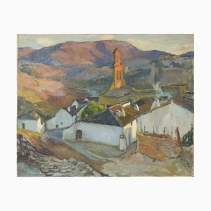 Paesaggio di montagna con villaggio, inizio XX secolo, olio su tela