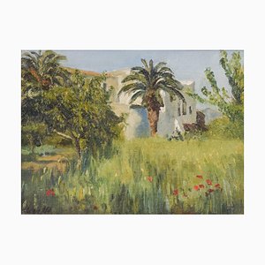 Escena impresionista con villa y palmeras, siglo XX, óleo sobre cartón