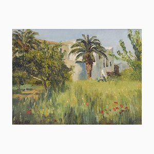 Scena impressionista con villa e palme, XX secolo, olio su tavola