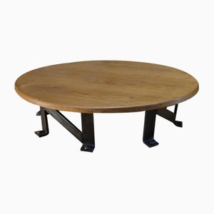 Round Industrial Coffee Table with Steel Foot and Solid Oak Top