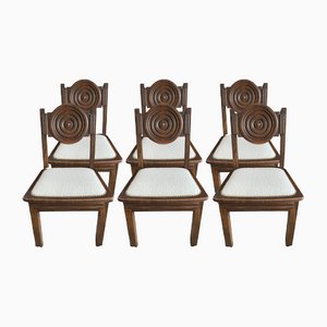 Art Deco Chairs in Oak and Bouclette Fabric, 1930, Set of 6