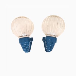 American Art Deco Blue Ribbed Glass Wall Sconces by Marbo, Set of 2