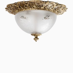 Vintage Flush Mount Fixture with Heavy Brass Ornate Fitter and Frosted Etched Glass Shade