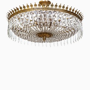 Großer korbförmiger Vintage Kronleuchter aus Messing & Kristallglas mit 6 Leuchten