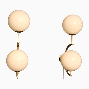 Mid-Century Modern Italian Brass and White Glass Sconces, Set of 2
