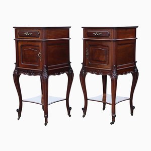 Antique French Bedside Tables Cupboards with Marble Tops, 1920, Set of 2
