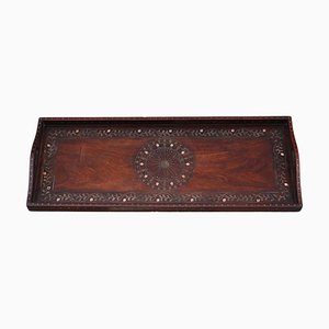 Antique Brass & Copper Inlaid Padauk Eastern Serving Tray, 1900s