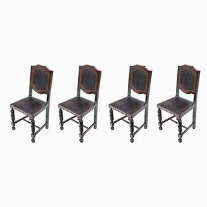 Antique Portuguese Oak & Leather Dining Chairs, 19th Century, Set of 4